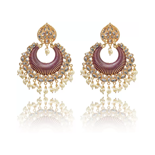 Gold Plated Brass Big Chandbali Jhumka Earrings for Women, Traditional Long Earrings, Anniversary Gift for Wife(Purple)