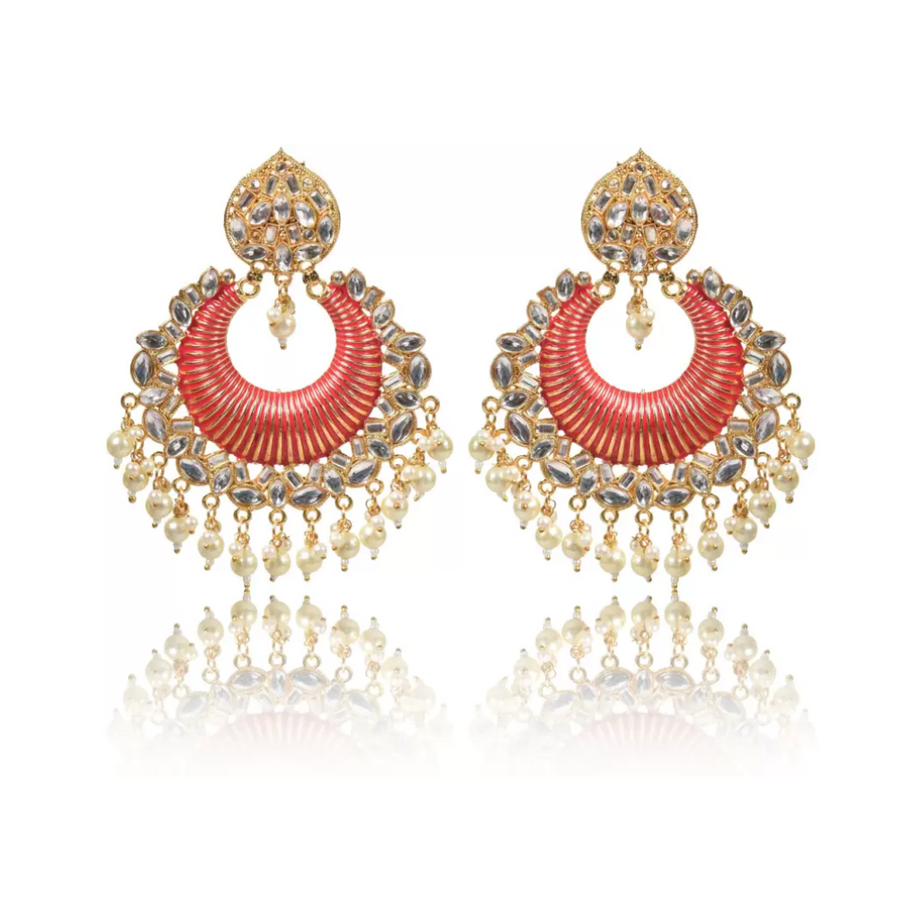 Gold Plated Brass Big Chandbali Jhumka Earrings for Women, Traditional Long Earrings, Anniversary Gift for Wife (Red)