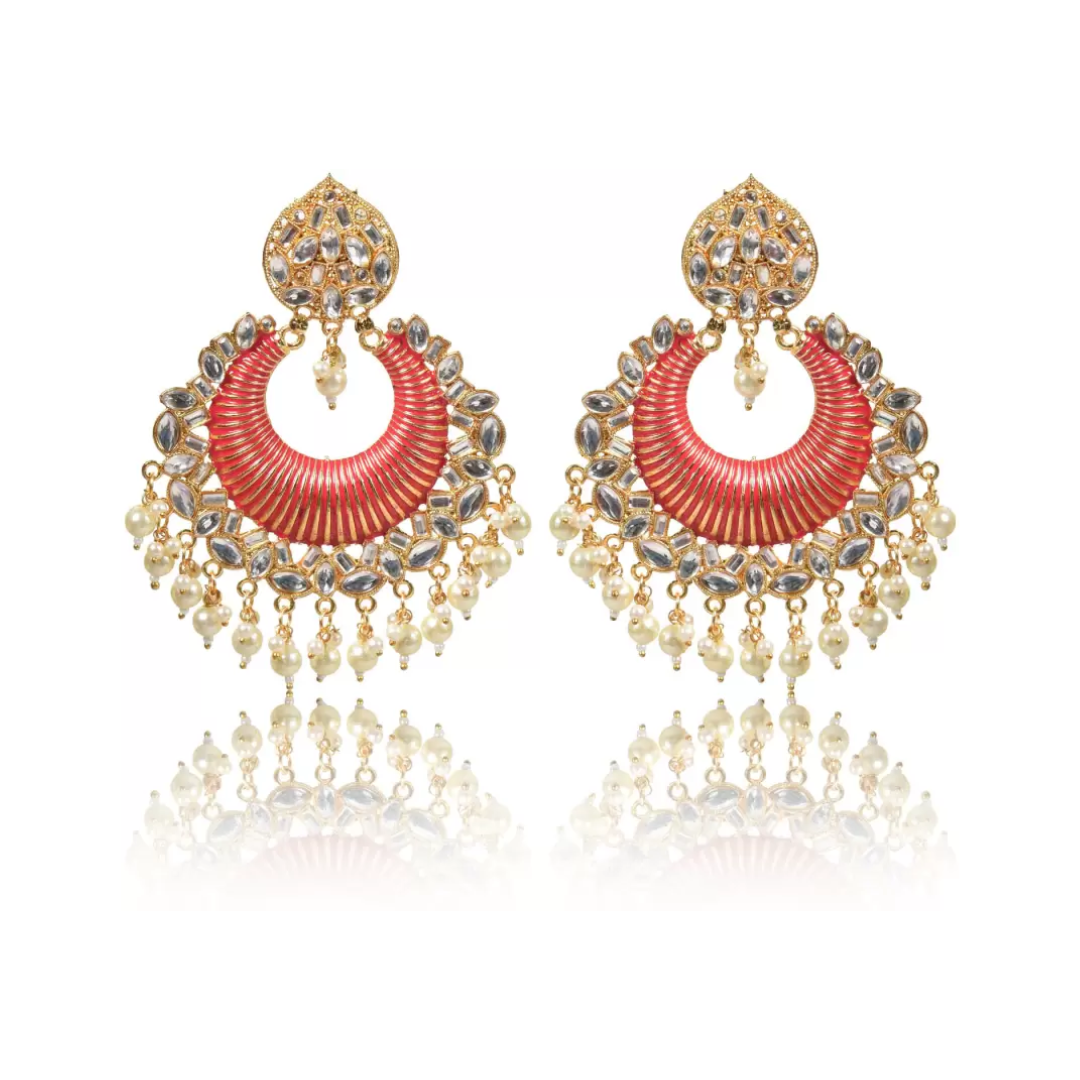 Gold Plated Brass Big Chandbali Jhumka Earrings for Women, Traditional Long Earrings, Anniversary Gift for Wife (Red)