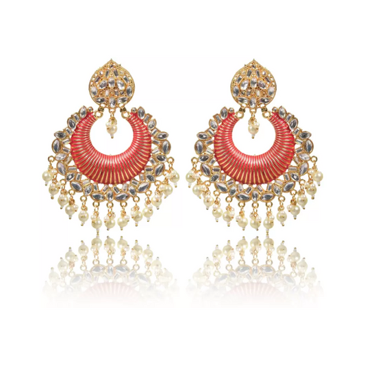 Gold Plated Brass Big Chandbali Jhumka Earrings for Women, Traditional Long Earrings, Anniversary Gift for Wife (Red)