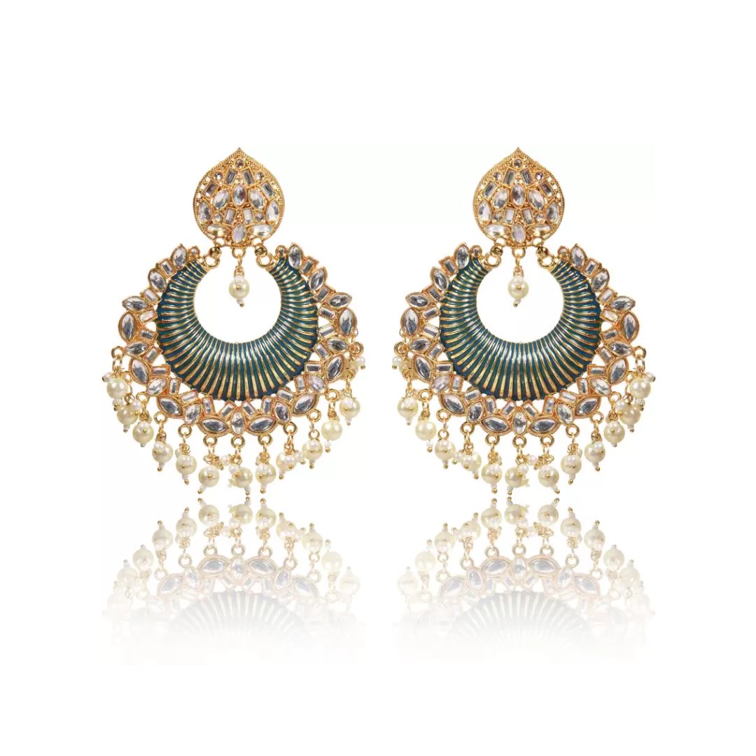 Gold Plated Brass Big Chandbali Jhumka Earrings for Women, Traditional Long Earrings, Anniversary Gift for Wife (Green)