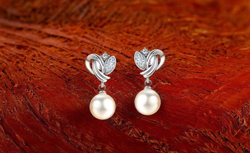 Nilu's Collection Simulated Pearl Drop Earrings for Women, Cubic Zirconia Pearl Beads Earring, Rose Gold and Silver