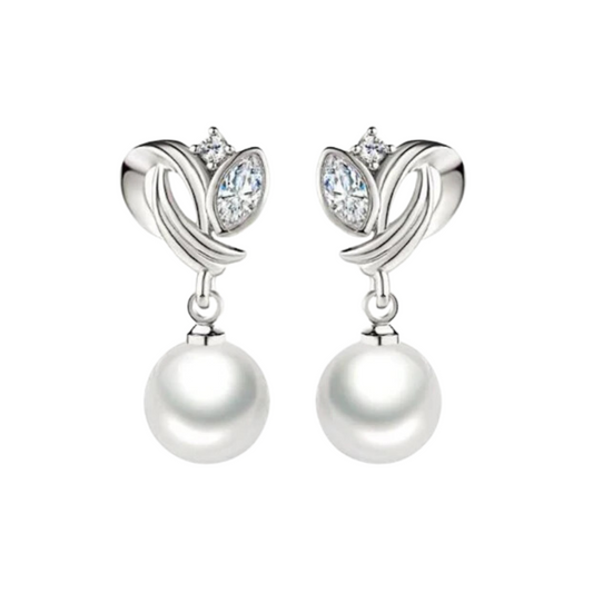 Nilu's Collection Simulated Pearl Drop Earrings for Women, Cubic Zirconia Pearl Beads Earring, Rose Gold and Silver
