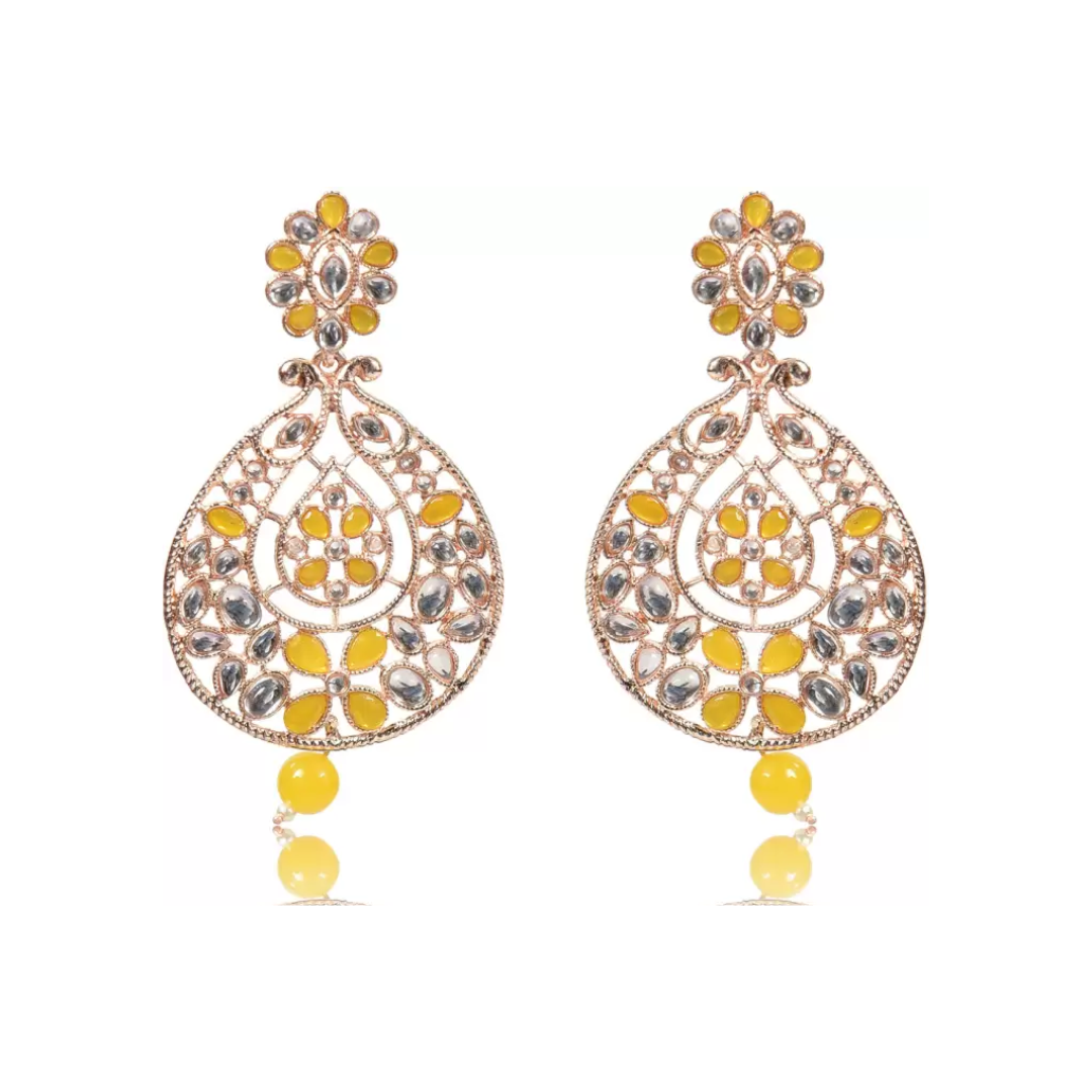 Rose Gold Plated Pearl Beaded Drop Earrings Wedding/ Festive Collection (Yellow) Alloy Drops & Danglers