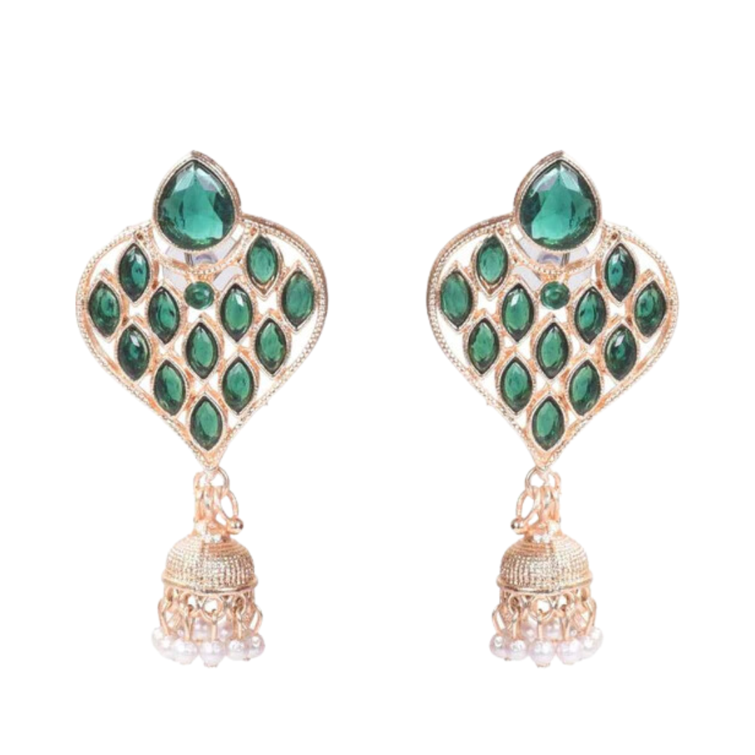 Shining Stone beaded Drop Jhumka (Dark Green) Copper Jhumki Earring