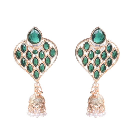 Shining Stone beaded Drop Jhumka (Dark Green) Copper Jhumki Earring