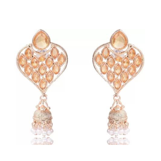 Shining Stone beaded Drop Jhumka (Yellow) Copper Jhumki Earring