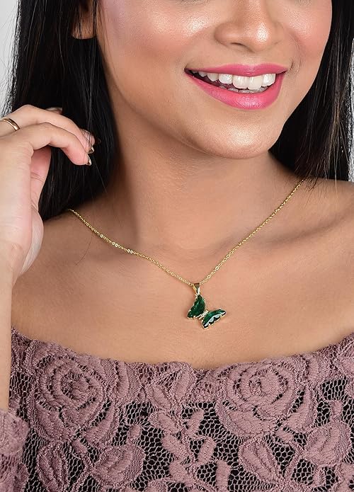 Elegant Gold Plated Butterfly Necklace for Women and Girls, Trendy Butterfly Jewelry (Green)