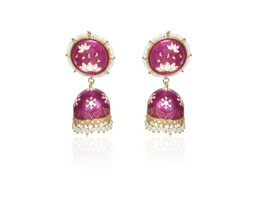 Meenakari Traditional Lotus Engraved Jhumki Earring, Dome Shaped Jhumka Earrings with Pearl Beads for Girls and Women  3.