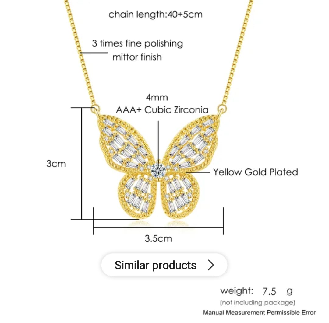 Gold Plated Zircon Studded Butterfly Pendant Necklace, Gift Necklace for Women and Girls