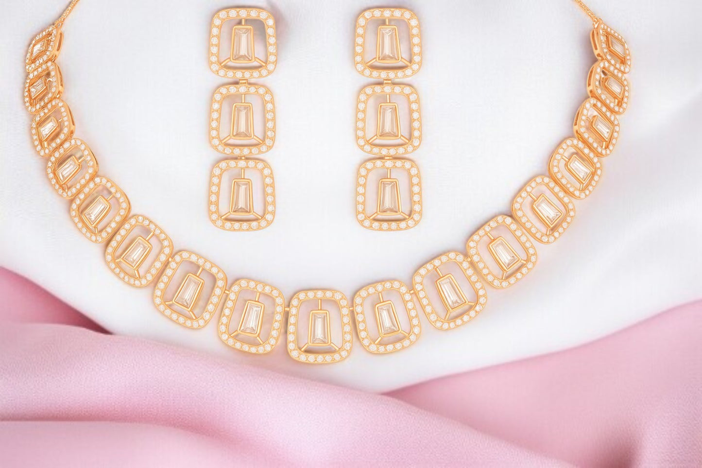 Nilu’s Collection Rose Gold Plated American Diamond Necklace & Earrings Set For Women And Girls | Anti-Tranish | Anti Allergy | Latest Fashion Jewellery Accessories for Girls | Minimal Jewelry | Ideal for Gifting