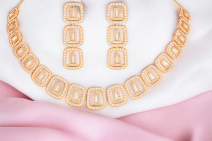 Nilu’s Collection Rose Gold Plated American Diamond Necklace & Earrings Set For Women And Girls | Anti-Tranish | Anti Allergy | Latest Fashion Jewellery Accessories for Girls | Minimal Jewelry | Ideal for Gifting