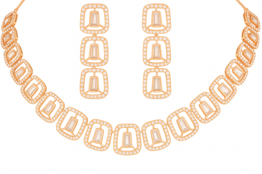 Nilu’s Collection Rose Gold Plated American Diamond Necklace & Earrings Set For Women And Girls | Anti-Tranish | Anti Allergy | Latest Fashion Jewellery Accessories for Girls | Minimal Jewelry | Ideal for Gifting