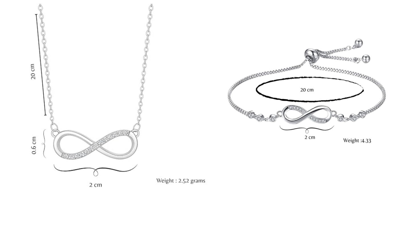 Nilu's Collection Silver Plated Infinity Pendant Necklace & Adjustable Bracelet Set with American Diamond for Women & Girls |Anti - Allergy | Anti -Tarnish | Office Wea