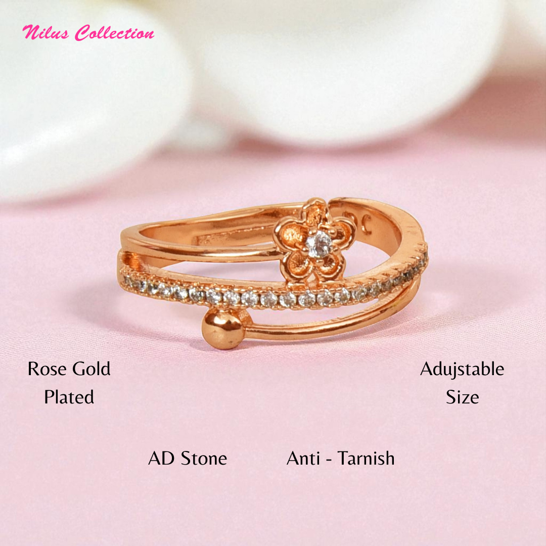 Rose Gold Plated | American Diamond Studded | Adjustable | Finger Ring for Women and Girls, Style 6