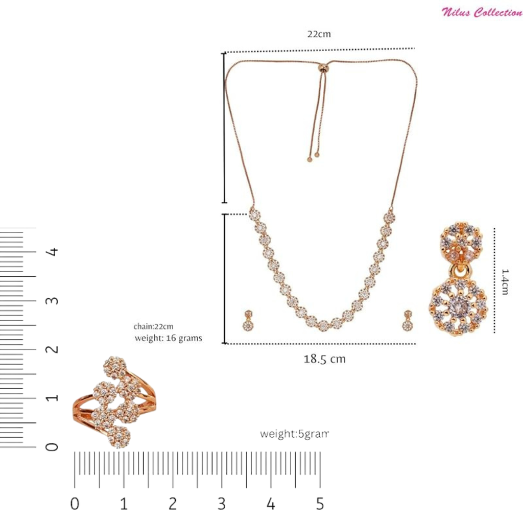 Nilu’s Collection Rose Gold Plated American Diamond Necklace Set with Earrings & Ring for Women & girls
