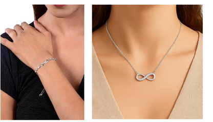Nilu's Collection Silver Plated Infinity Pendant Necklace & Adjustable Bracelet Set with American Diamond for Women & Girls |Anti - Allergy | Anti -Tarnish | Office Wea