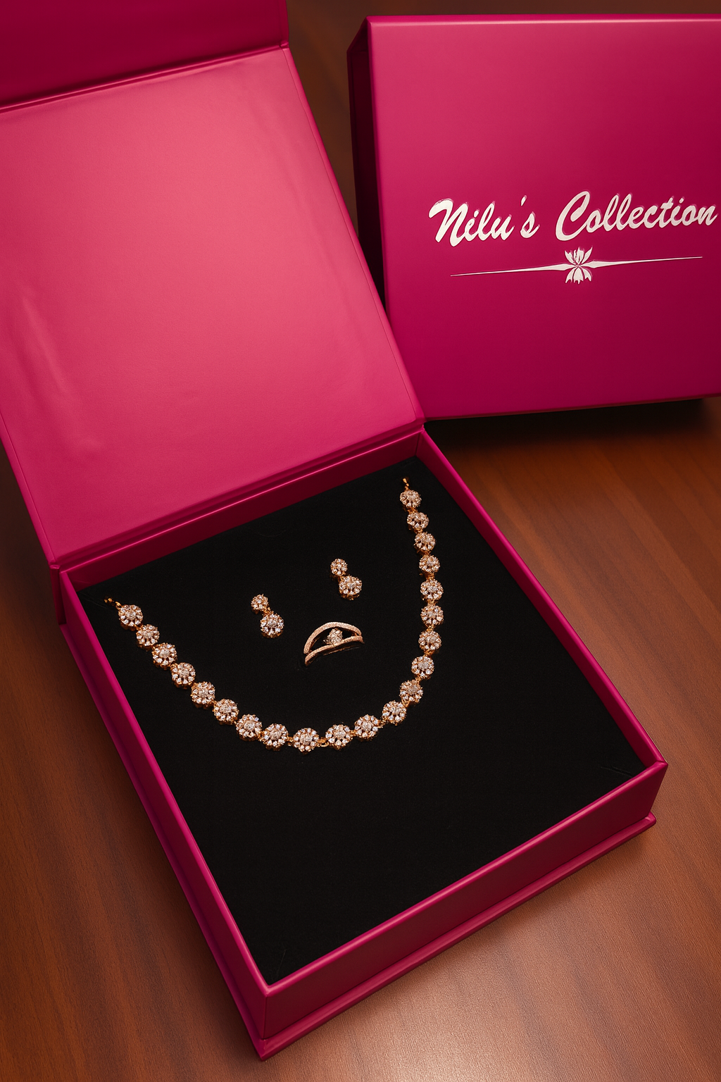 Nilu’s Collection Rose Gold Plated American Diamond Necklace Set with Earrings & Ring for Women & girls