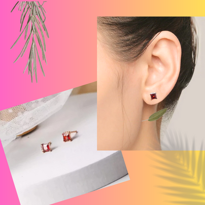 Blood Red Stone Square Stud Earrings for Girls and Women Copper Stud Earring