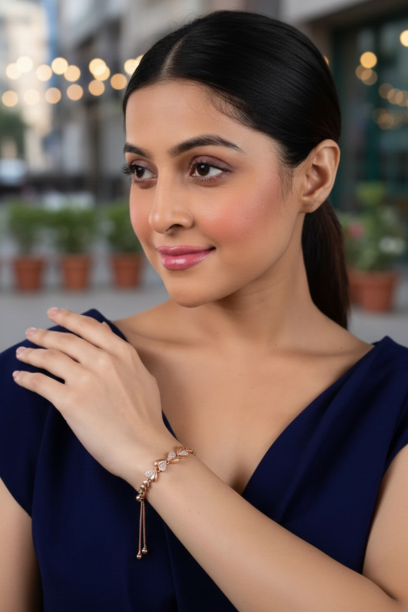Nilu's Collection Rose Gold Plated Adjustable Heart Bracelet With American Diamond  for Womenand Girls | Anti-Allergy | Anti-Tranish | Office Wear