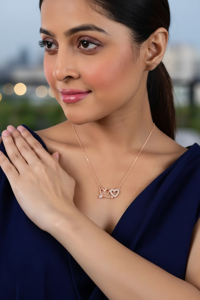 Nilu's Collectin Rose Gold Plated Double Heart Pendant Necklace With American Diamond  for Women and Girls |Anti-Tranish | Anti- Allergy | Office Wear