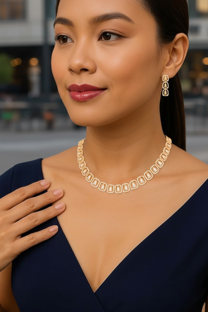Nilu’s Collection Rose Gold Plated American Diamond Necklace & Earrings Set For Women And Girls | Anti-Tranish | Anti Allergy | Latest Fashion Jewellery Accessories for Girls | Minimal Jewelry | Ideal for Gifting
