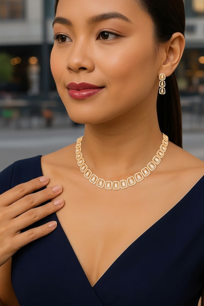 Nilu’s Collection Rose Gold Plated American Diamond Necklace & Earrings Set For Women And Girls | Anti-Tranish | Anti Allergy | Latest Fashion Jewellery Accessories for Girls | Minimal Jewelry | Ideal for Gifting