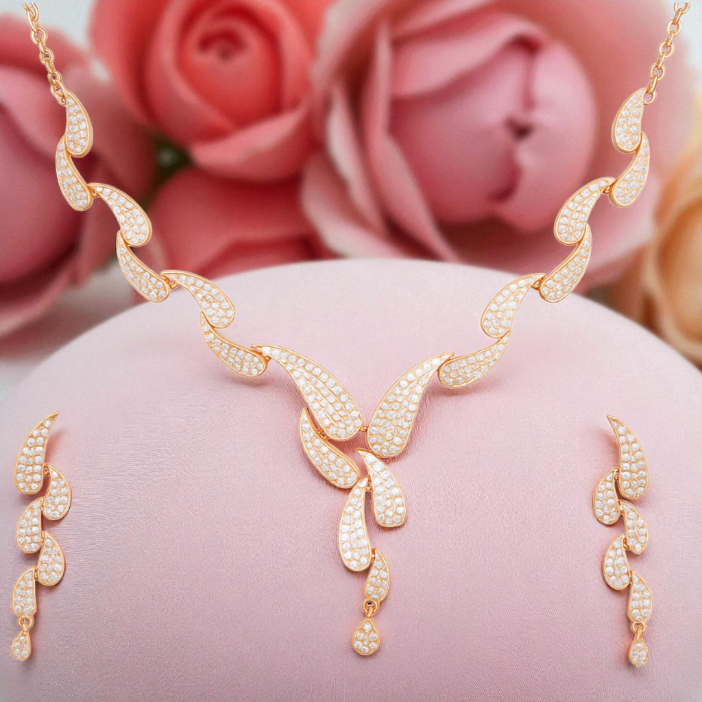 Nilu's Collection Rose Gold Plated Necklace with Leaf Motifs and Matching Drop Earrings For Women & Girls