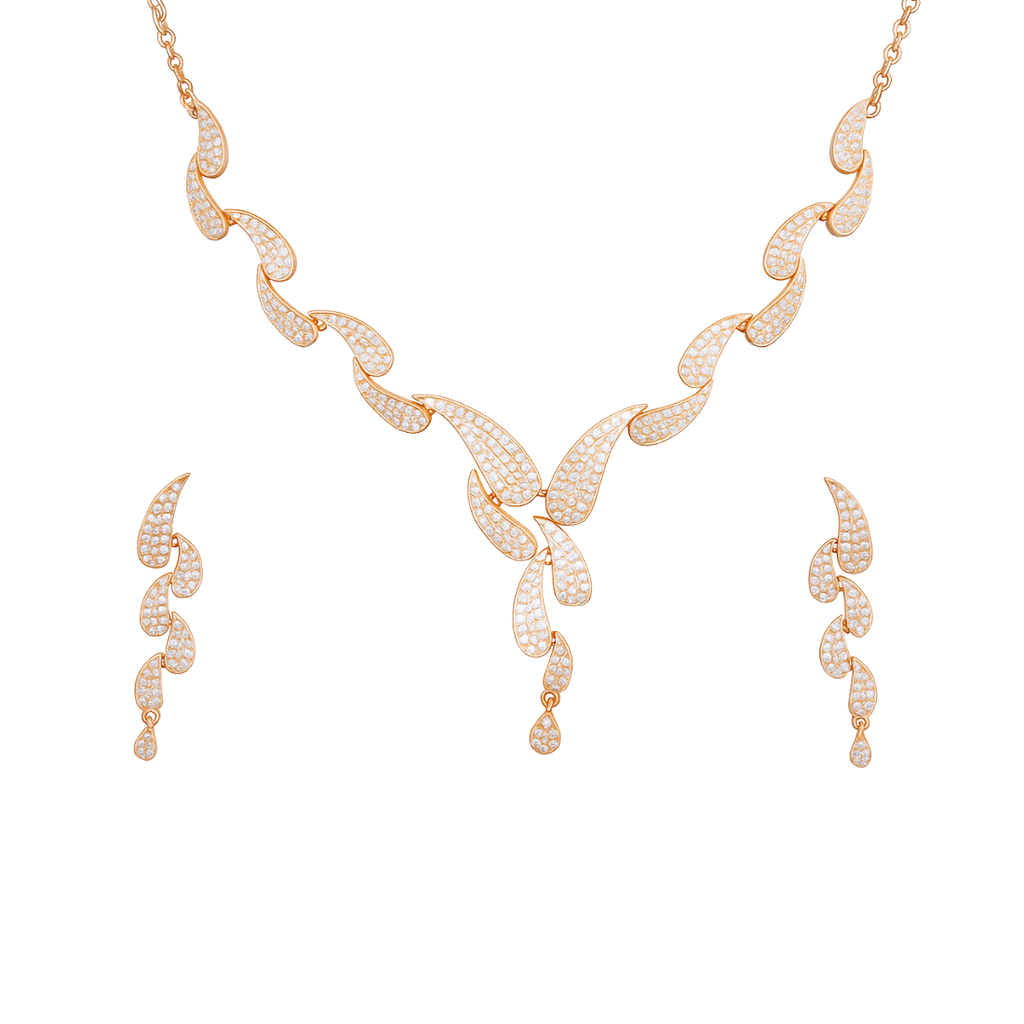 Nilu's Collection Rose Gold Plated Necklace with Leaf Motifs and Matching Drop Earrings For Women & Girls