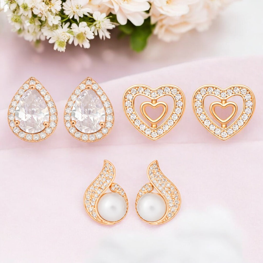 Rose Gold Plated Stud Earrings With AD Value Set For Women And Girls