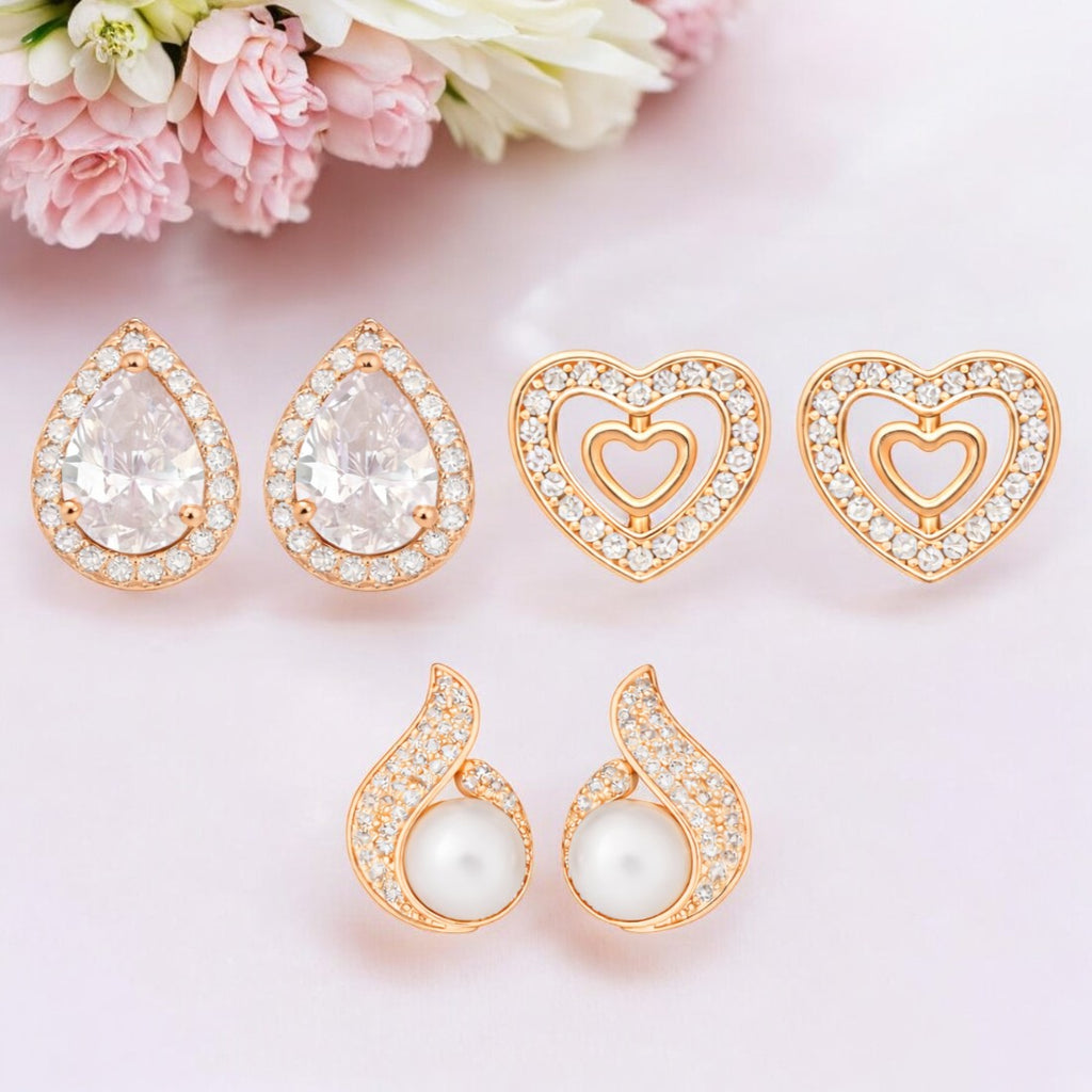 Rose Gold Plated Stud Earrings With AD Value Set For Women And Girls