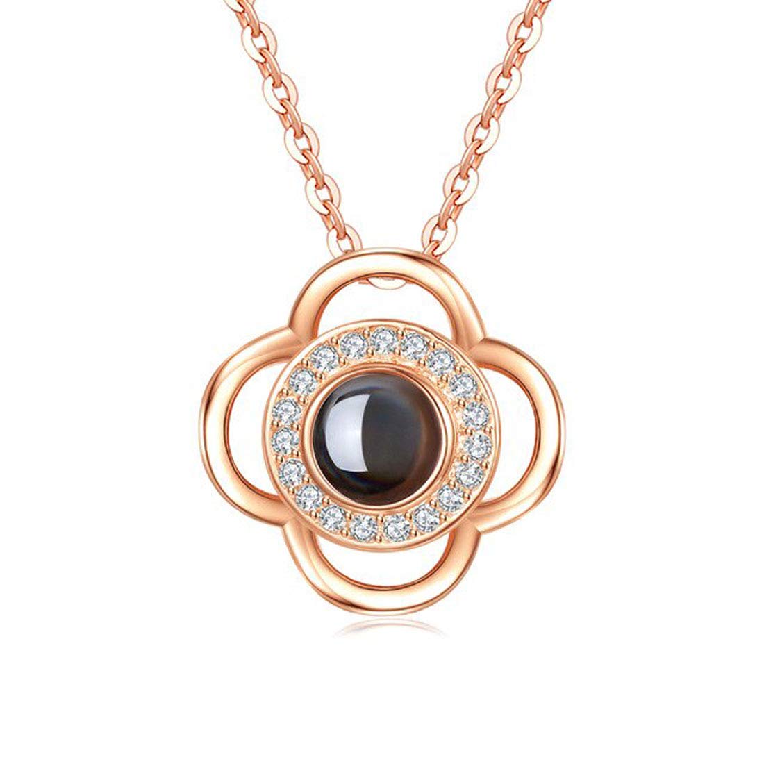 Sparkling Petal Rose Gold Plated Zircon Flower Pendant with Chain for Girls