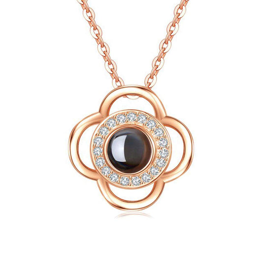 Sparkling Petal Rose Gold Plated Zircon Flower Pendant with Chain for Girls