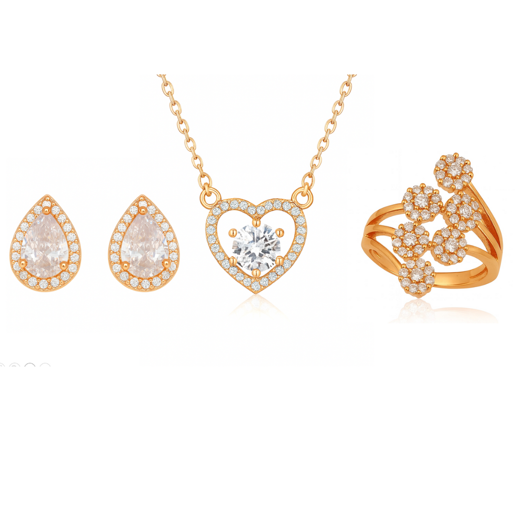 Nilu's Collection Rose Gold Plated American Diamond With pendant ,earrings And Adjustable Finger Ring For Women And Girls