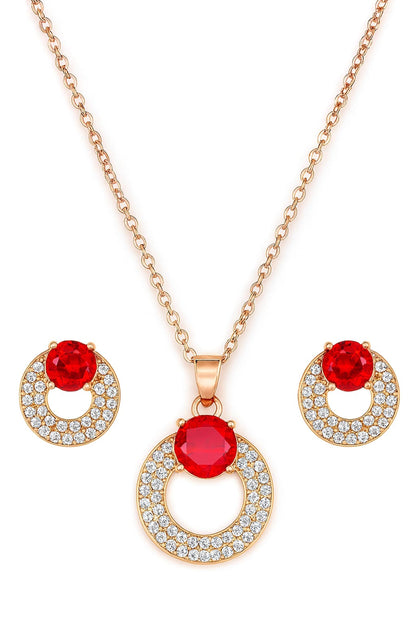 Rose Gold Plated Red Ruby Stone Pendant Necklace and Earring Set for Women and Girls