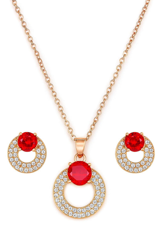 Rose Gold Plated Red Ruby Stone Pendant Necklace and Earring Set for Women and Girls