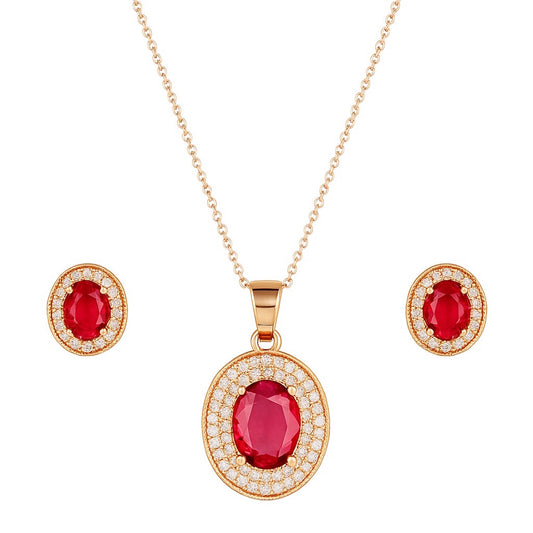 Rose Gold Plated Ruby Red Oval Pendant Necklace and Earring Set for Women and Girls