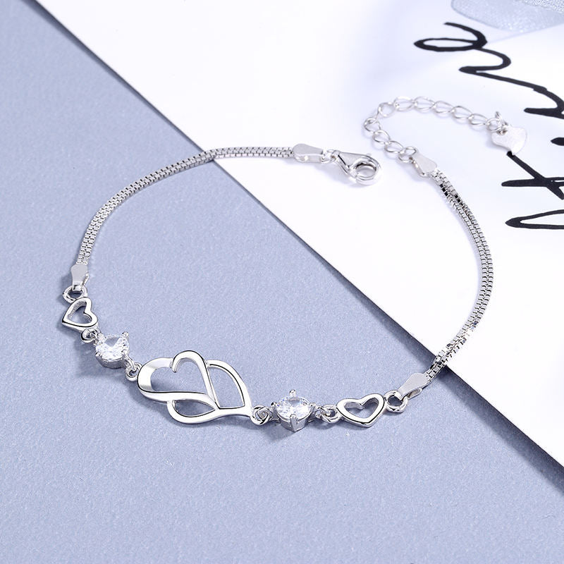 Double Heart Shape Silver Plated CZ Crystal Bracelet, Gift for Loved One, Valentine's Day Gift