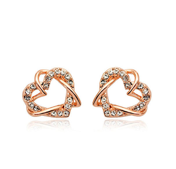 Alloy Heart Shape Stud Earrings for Women and Girls, Cubic Zirconia Hollow Heart Contemporary Studs