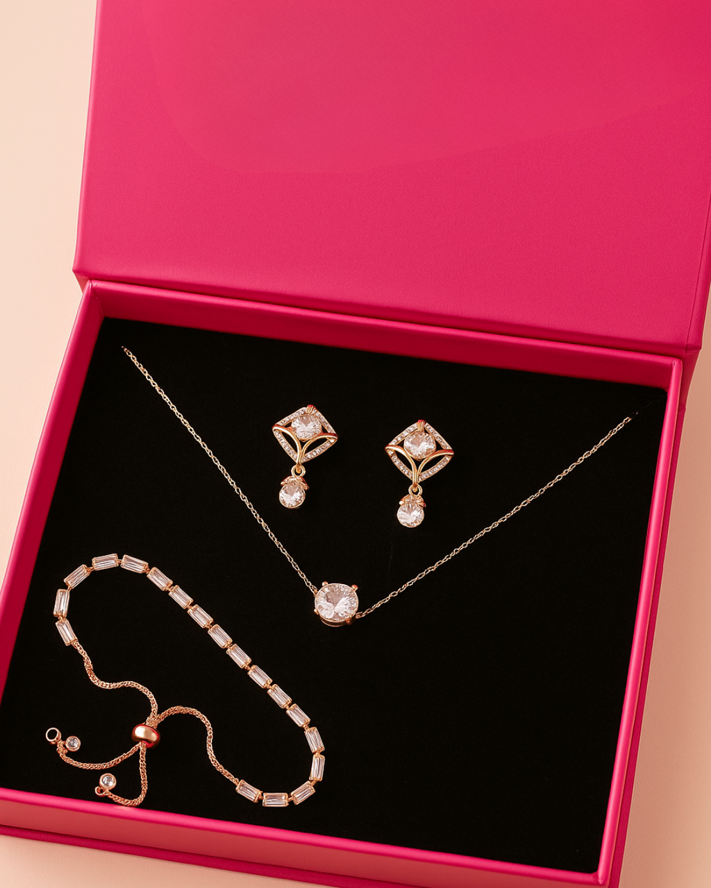 Nilu’s Collection Elegant Rose Gold Jewelry Set for Women – Necklace, Earrings & Bracelet with Sparkling AD Stones, Perfect Gift for Weddings,Functions & Anniversaries