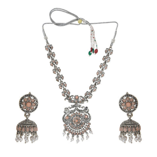 Oxidised Silver Plated Artificial Stone Studded Choker Necklace Jewelry set with Jhumki Earring for Women and Girls