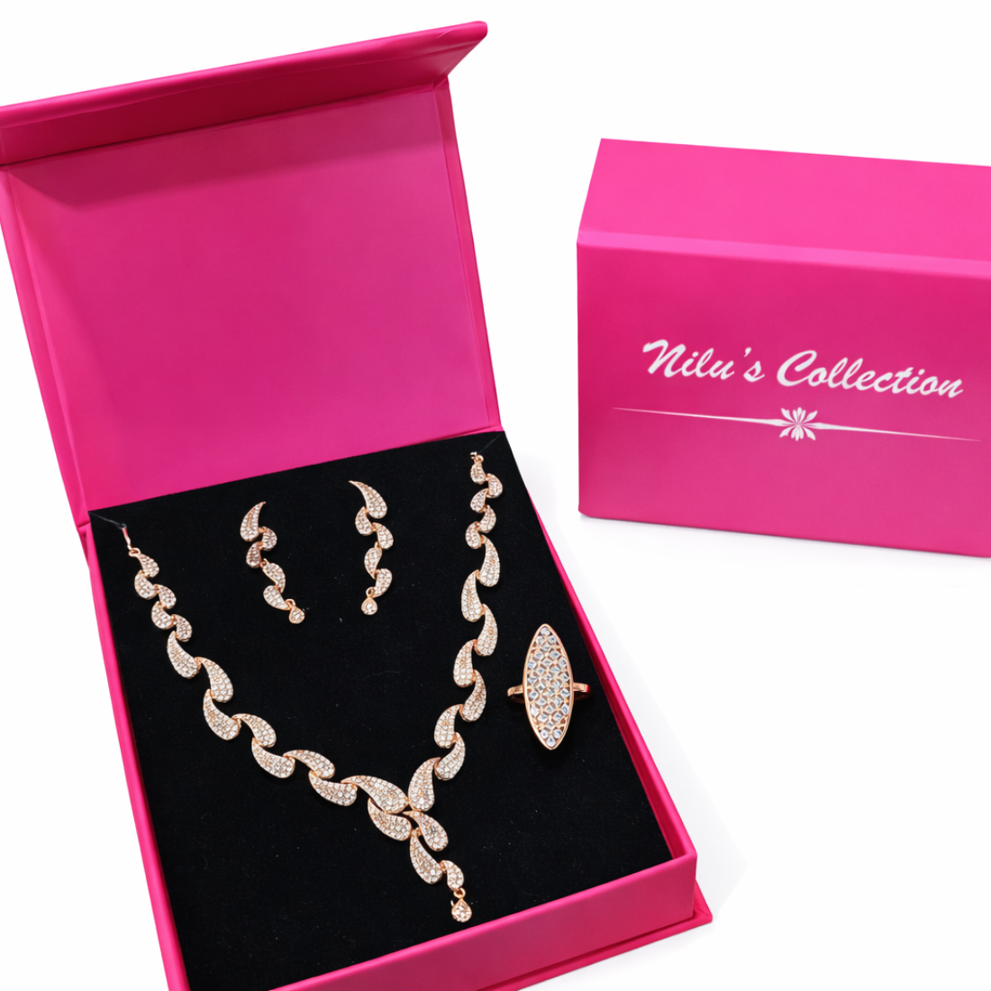 Gift Rose Gold Plated Necklace Set With Adjustable Finger Ring For Women And Girls
