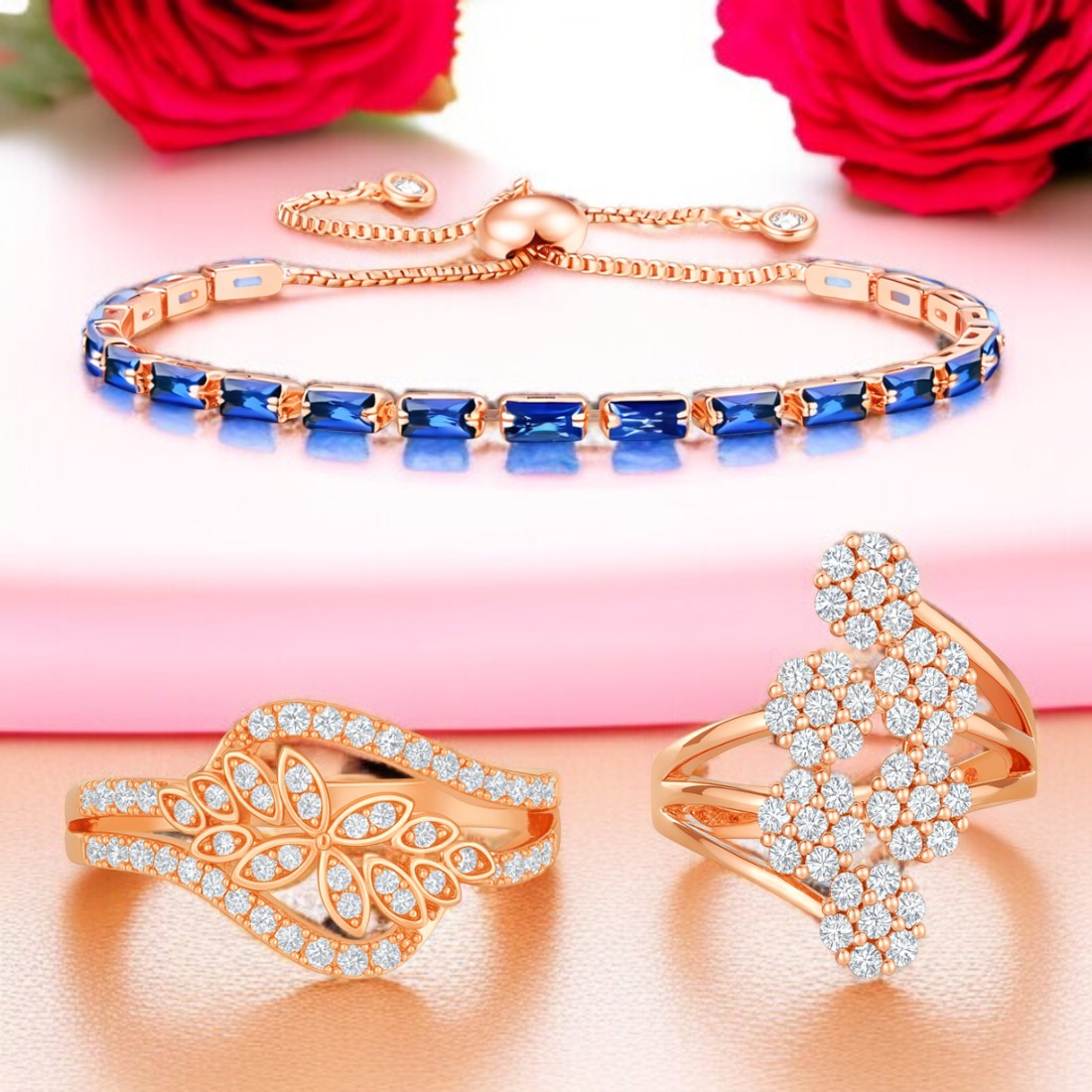 Nilu's Collection Rose Adjustable Bracelet With Adjustable Rings For Women And Girls