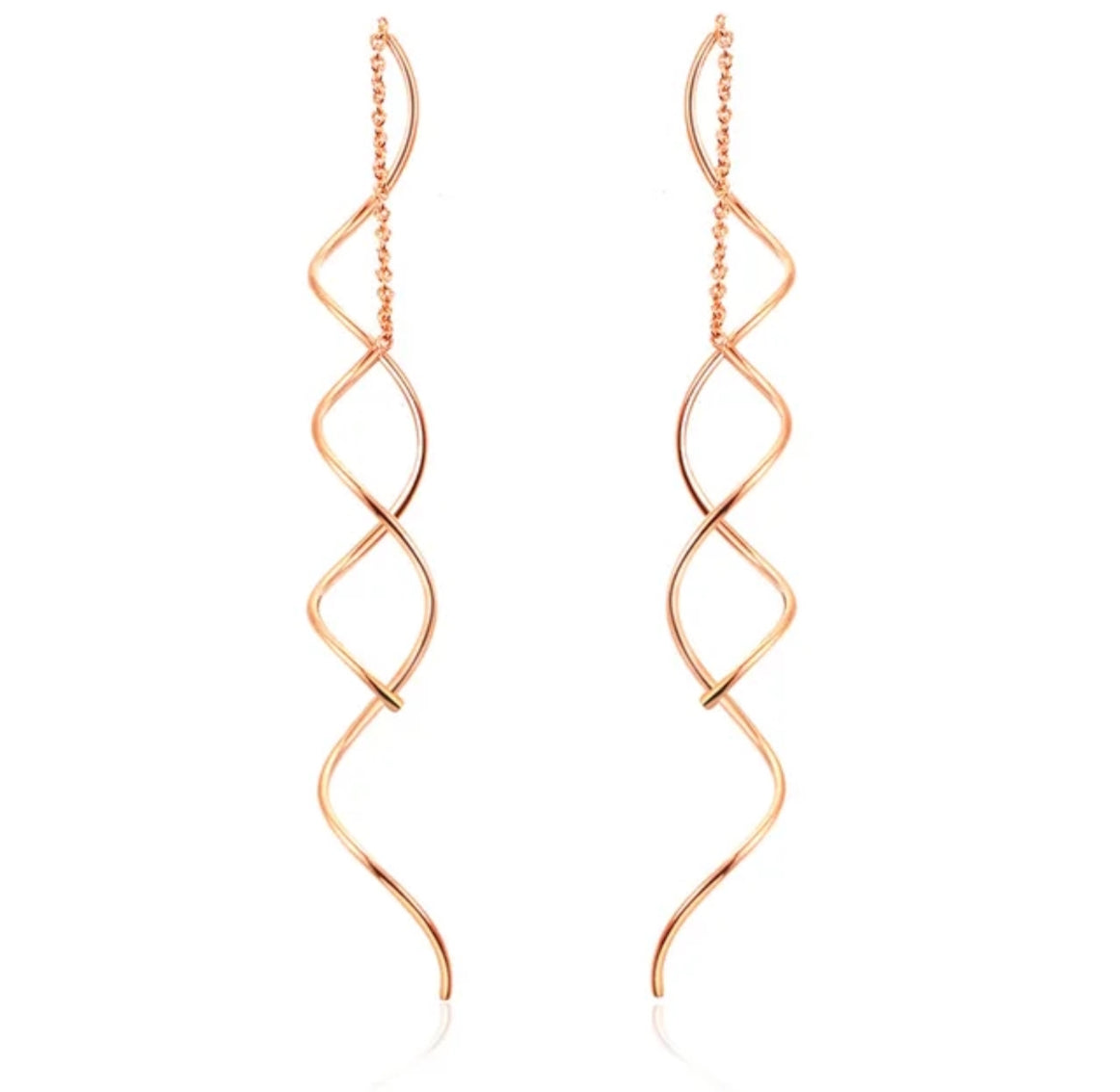 Spiral Threader Earrings for Women, Twisted Spiral Drop Dangle Earrings, Unique Minimal Everyday Earrings (Rose Gold)