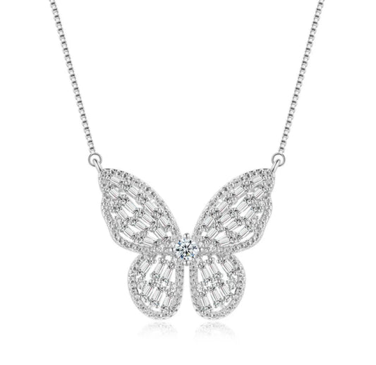 Silver Plated Zircon Butterfly Pendant with Chain for Women and Girls, Gift Jewelry for Her