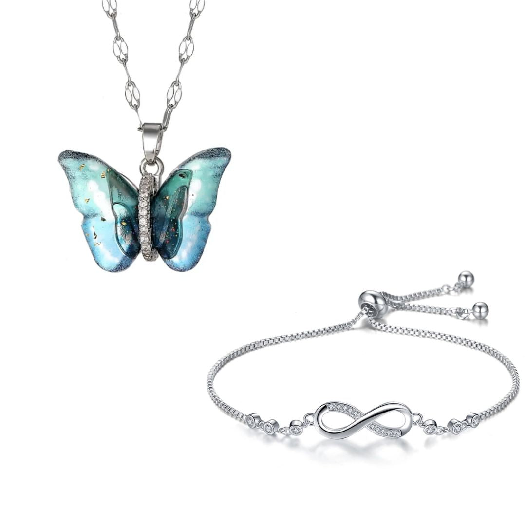 Combo of Butterfly Pendant Necklace and Infinity Bracelet for Women & Girls | Neck Chain | Locket | Modern Design | Fancy & Stylish Accessories for Everyday Wear (Silver)