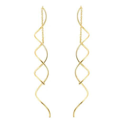 Spiral Threader Earrings for Women, Twisted Spiral Drop Dangle Earrings, Unique Minimal Everyday Earrings (Gold)