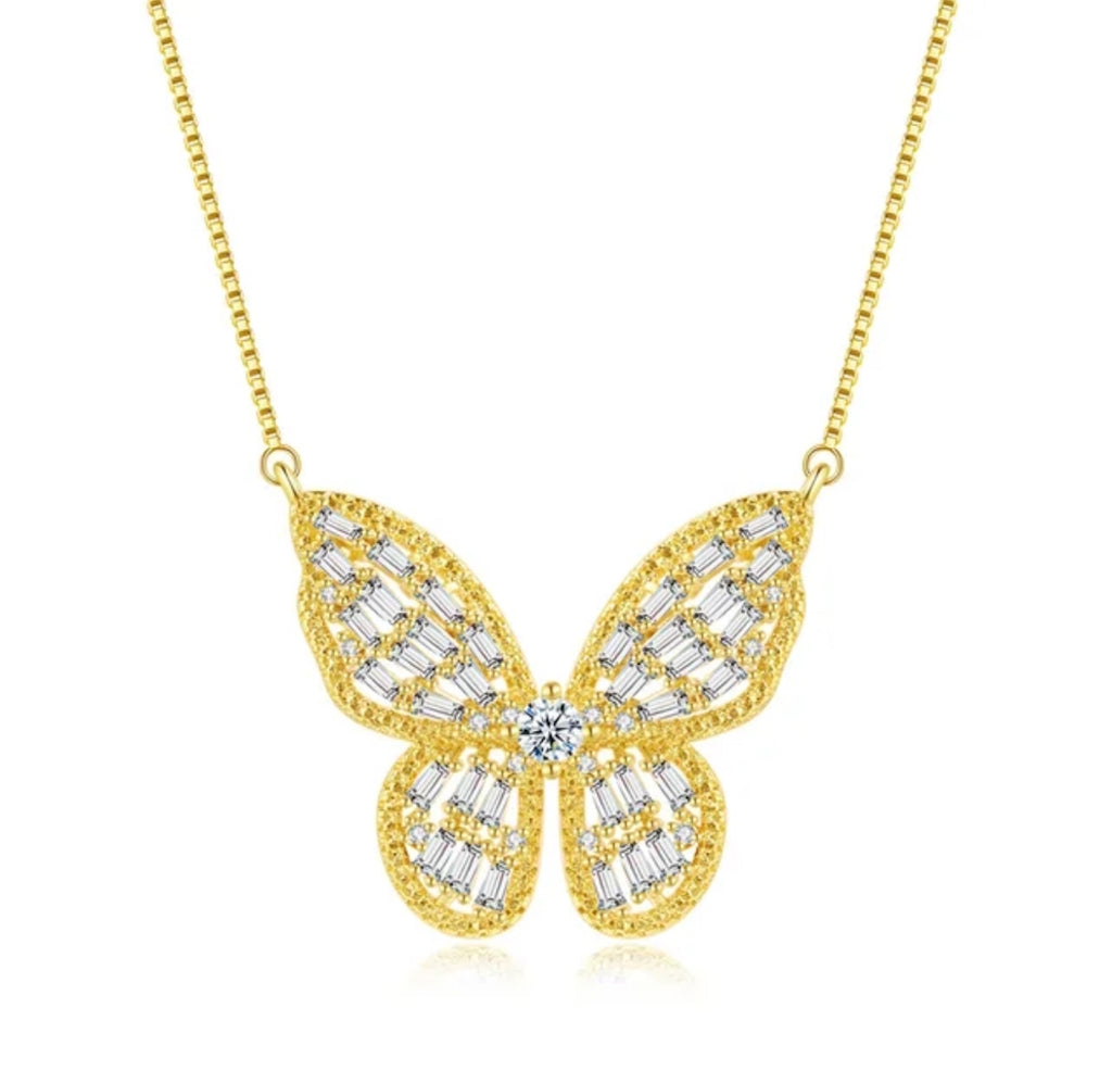 Gold Plated Zircon Studded Butterfly Pendant Necklace, Gift Necklace for Women and Girls