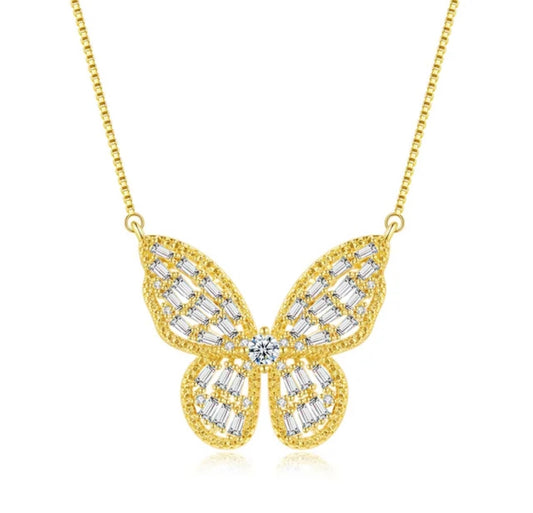 Gold Plated Zircon Studded Butterfly Pendant Necklace, Gift Necklace for Women and Girls