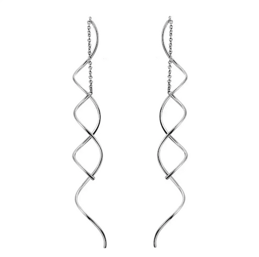 Spiral Threader Earrings for Women, Twisted Spiral Drop Dangle Earrings, Unique Minimal Everyday Earrings (Silver)